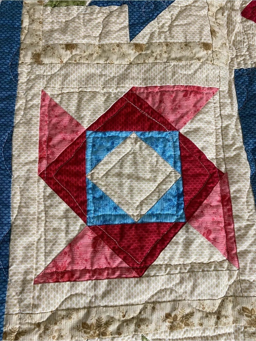 Handmade Patchwork Quilt Bedspread in Cream, Red, Blue & Green by